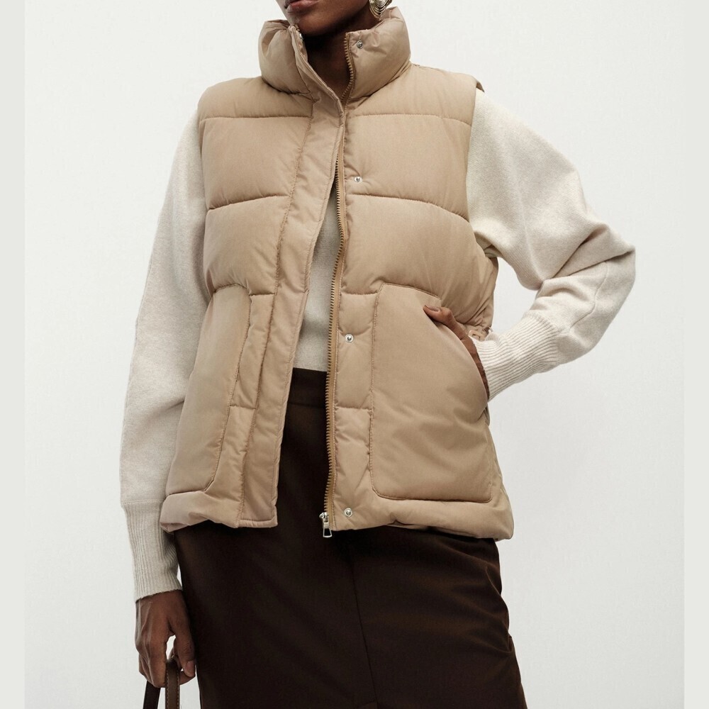 Tan Quilted Puffer Vest with Funnel Neck